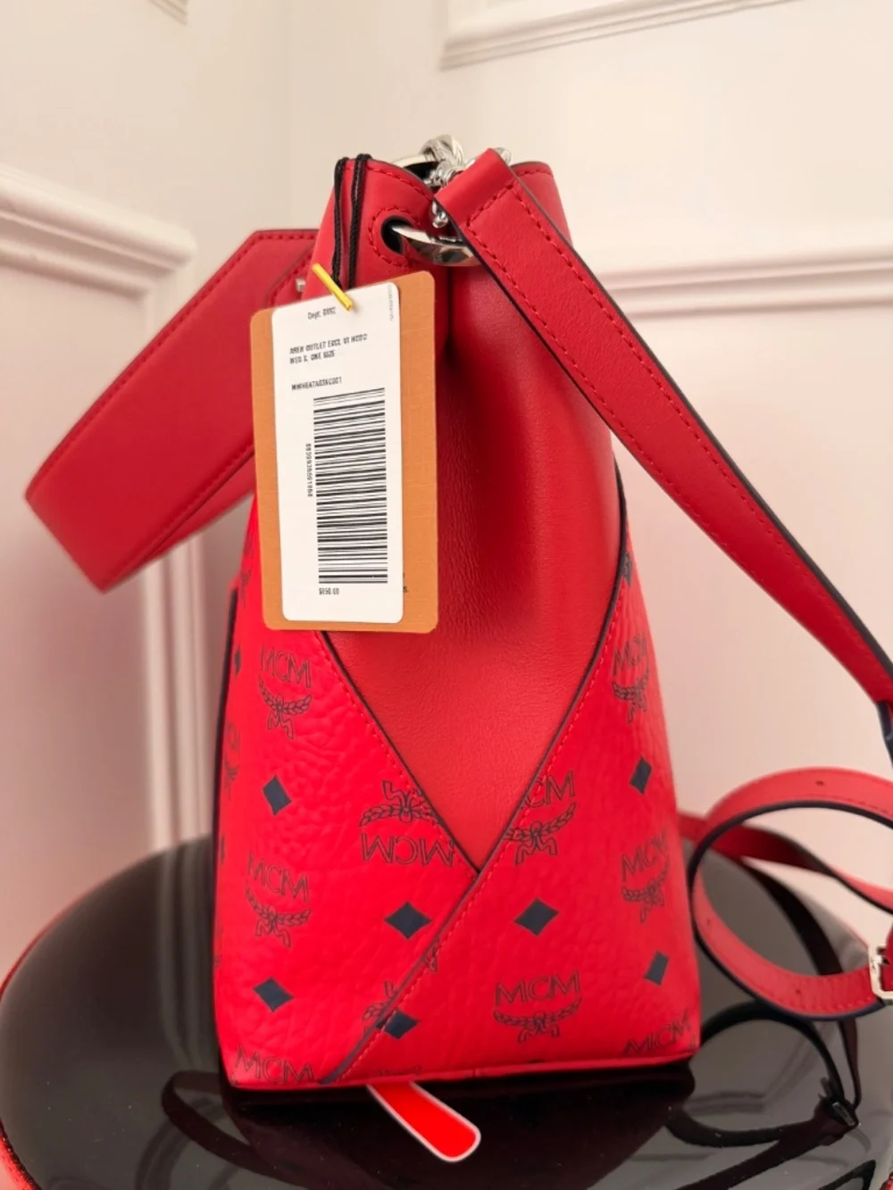 Authentic MCM Red Visetos Hobo Shoulder Bag Adjustable Strap Large Tote Purse